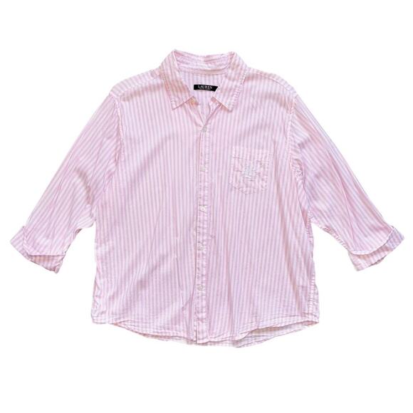 Lauren Ralph Lauren Striped Button Down Lounge PJ Shirt Pink White Size XL - Picture 2 of 5